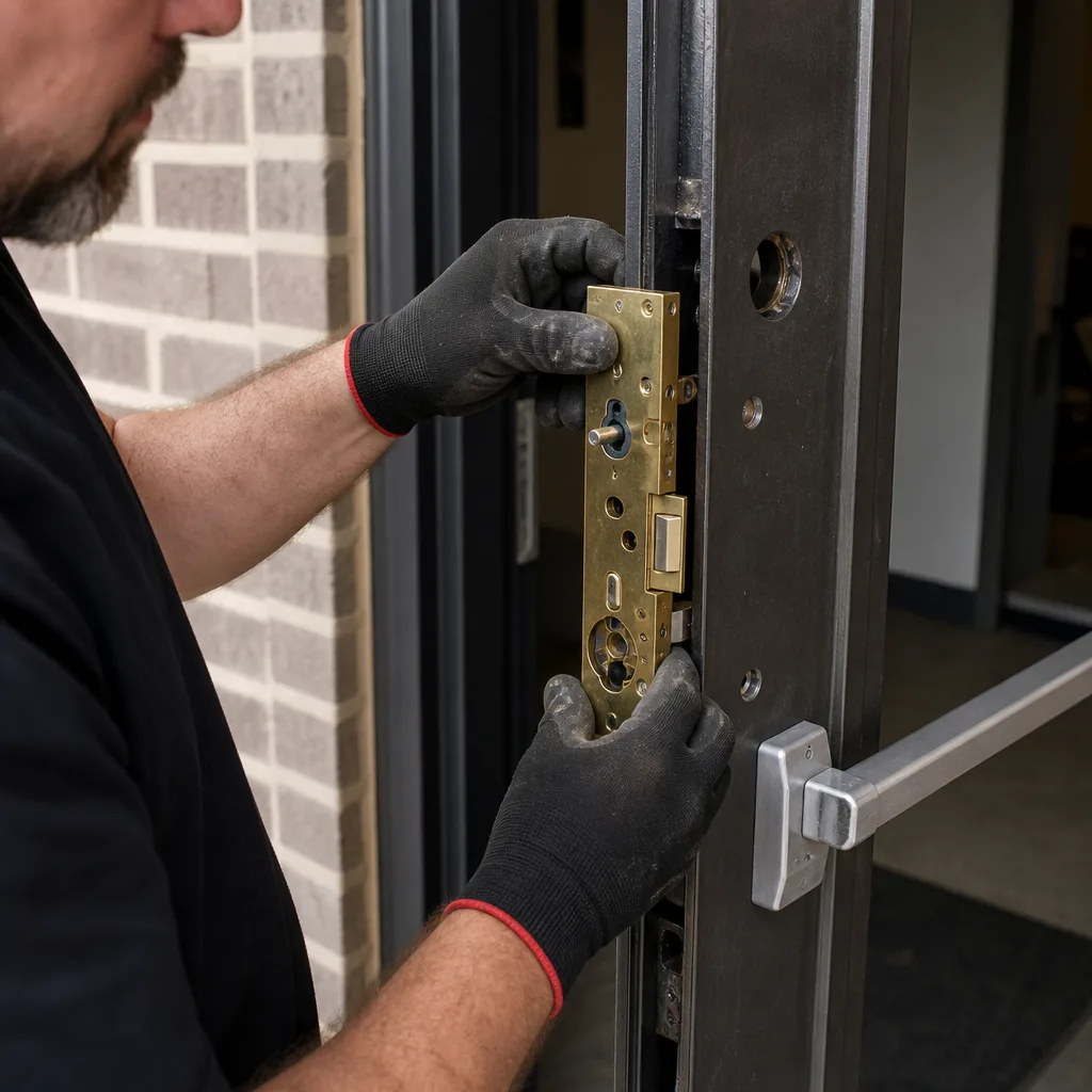 Professional locksmith installing a commercial mortise door lock assembly